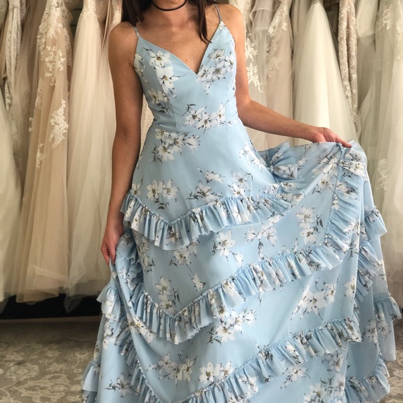 Light Blue Floral Prom Dress Ruffles Laceup Back
